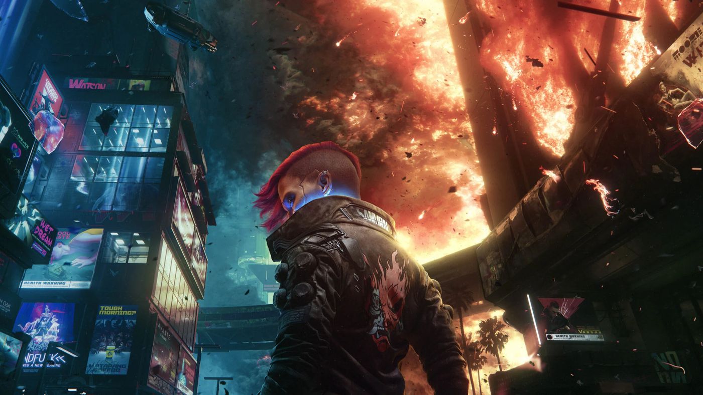 A background image of night city from the game cyberpunk with main character in front after blowing the city up.