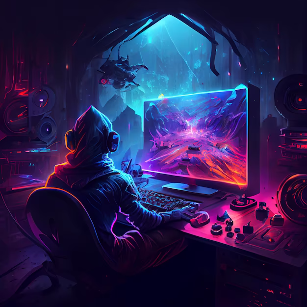A small image of a gamem sitting in front of a gaming computer with neon light in the background with purple, blue and red colours.